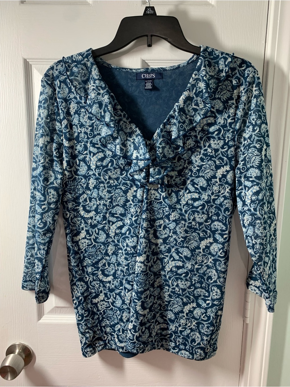 Chaps Navy and White Floral Ruffle V-Neck Blouse